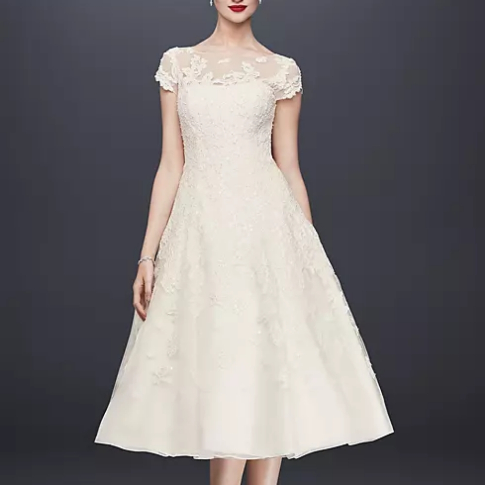 Oleg Cassini Tea Length Ivory Wedding Dress Size 14